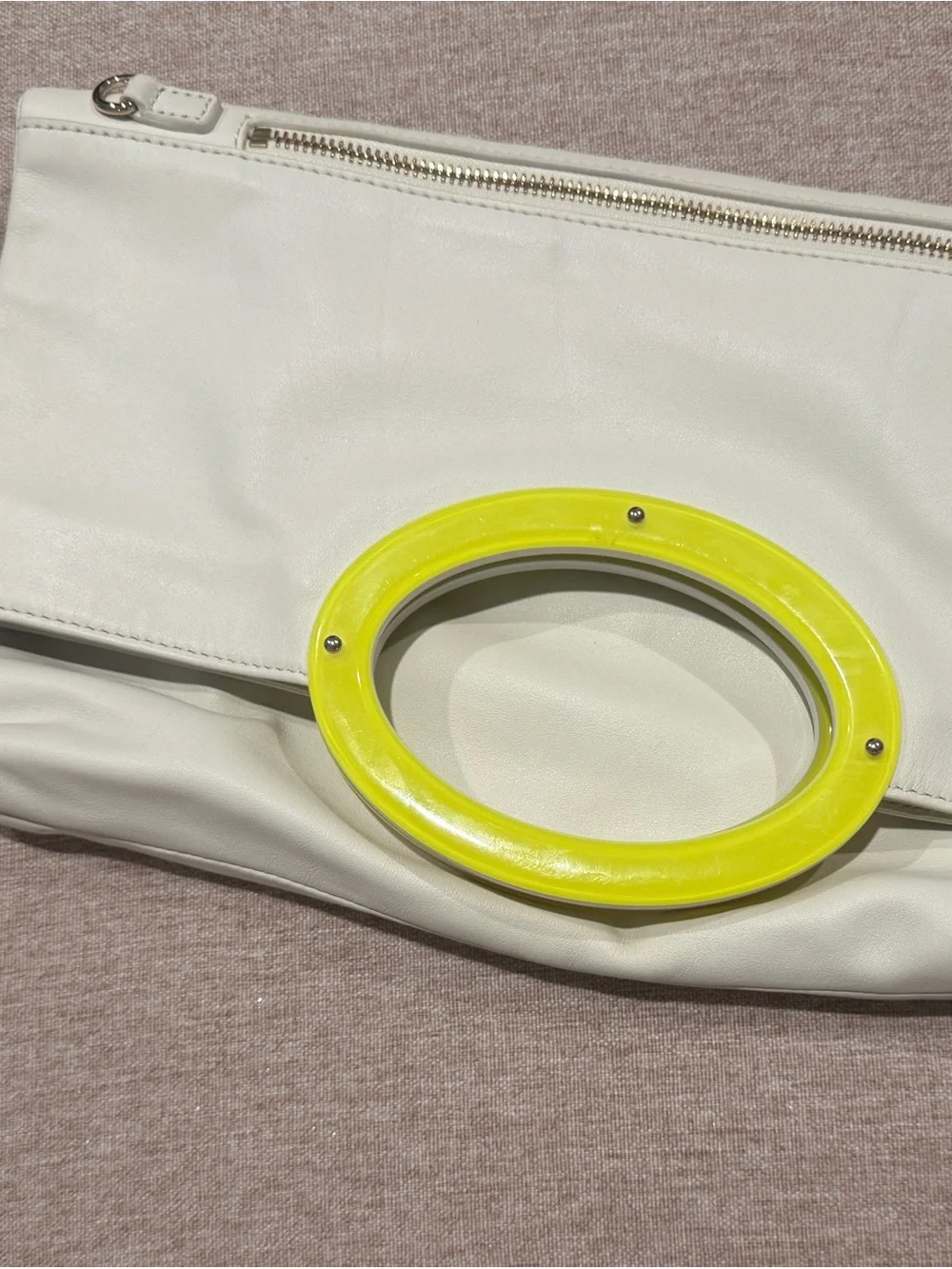 kate spade Cream Leather Tote with Yellow Circular Handle Accent